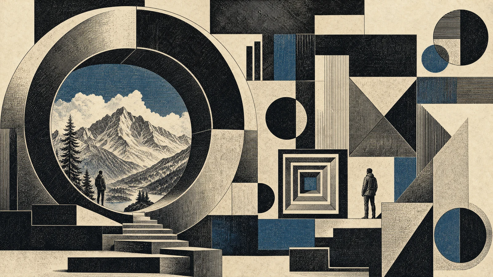 An immense circular architectural opening reveals an engraved mountain landscape beside two standing figures, nested squares and black and mineral-blue forms on warm ivory.
