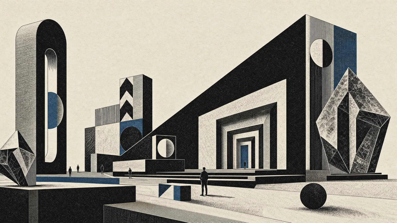 Small standing figures inhabit a monumental print-block landscape of offset bars, deep nested-square thresholds and faceted volumes in black and mineral blue on ivory.