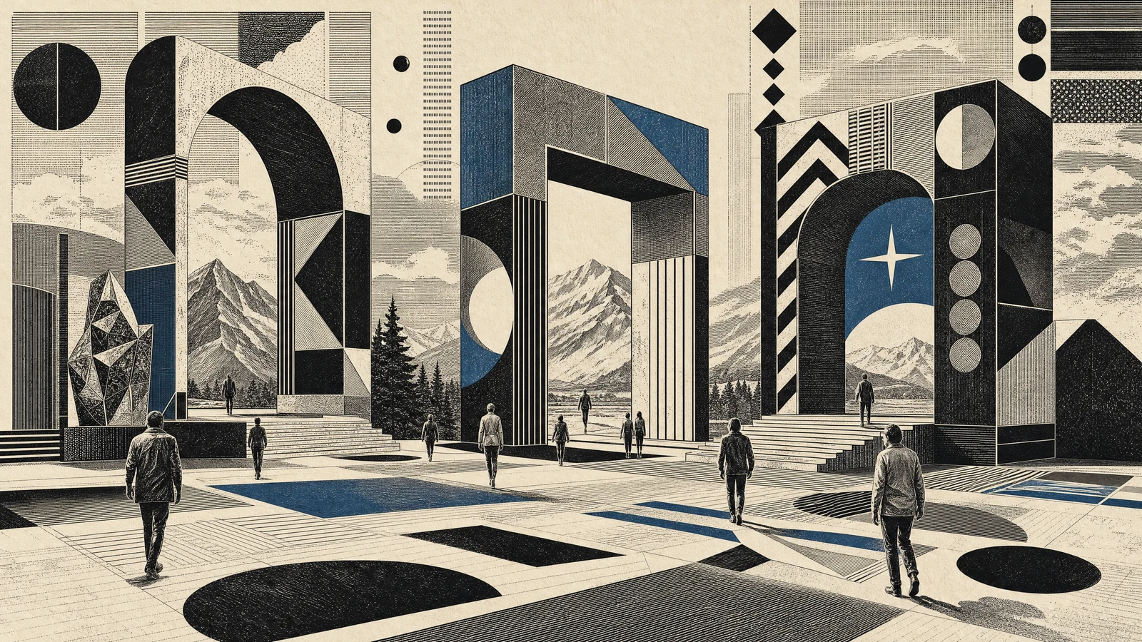 Standing and walking figures approach three different monumental thresholds, surrounded by engraved mountains, trees and geometric forms in black and blue on ivory.