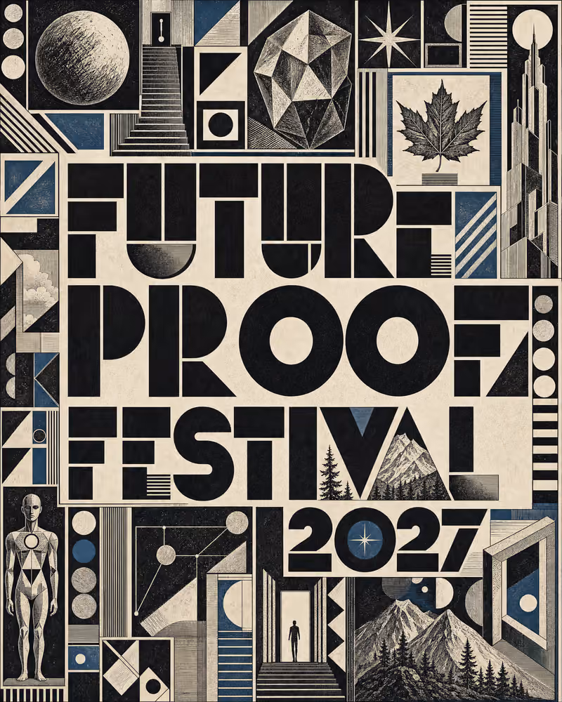 Futureproof Festival 2027 in monumental black modular letters on warm ivory, with engraved figures, architecture, mountains, geometric notation and mineral-blue details.