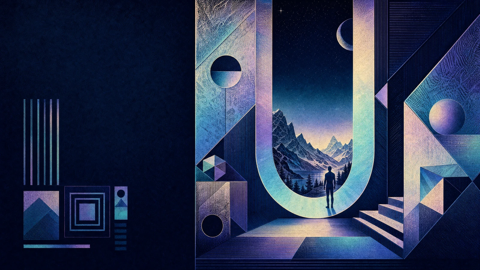 A standing figure faces an engraved mountain world inside a luminous U-shaped room, with prismatic planes at right and a quiet midnight-indigo field at left.