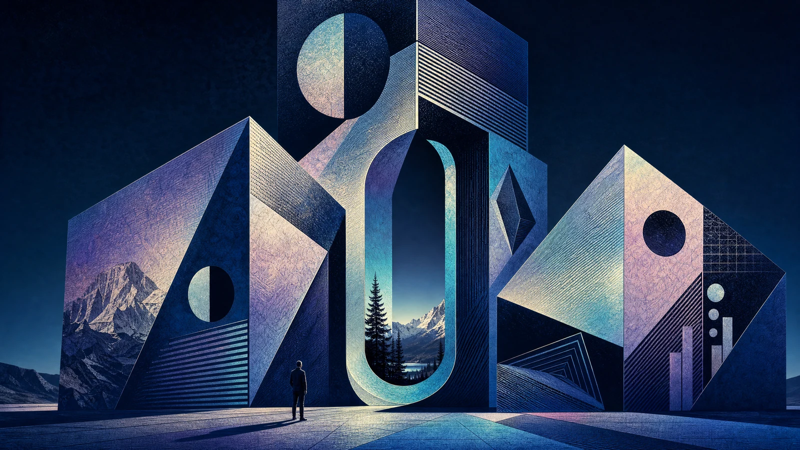 A small standing figure faces three monumental faceted volumes in pearl, aqua and lilac, with an engraved mountain view through a central opening on indigo.
