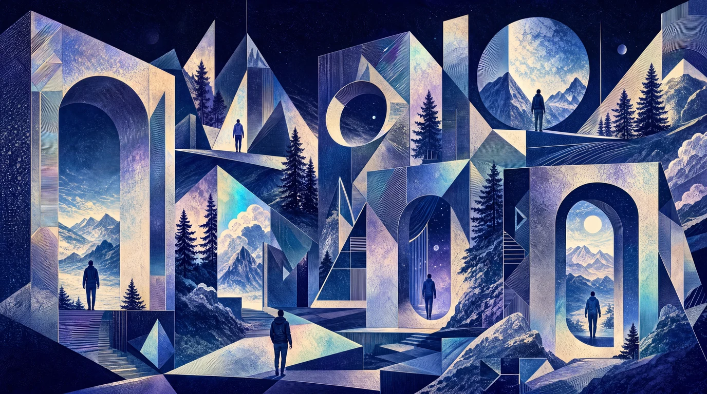 Standing figures inhabit an imagined engraved landscape of prismatic architectural openings, mountains and trees on midnight indigo.