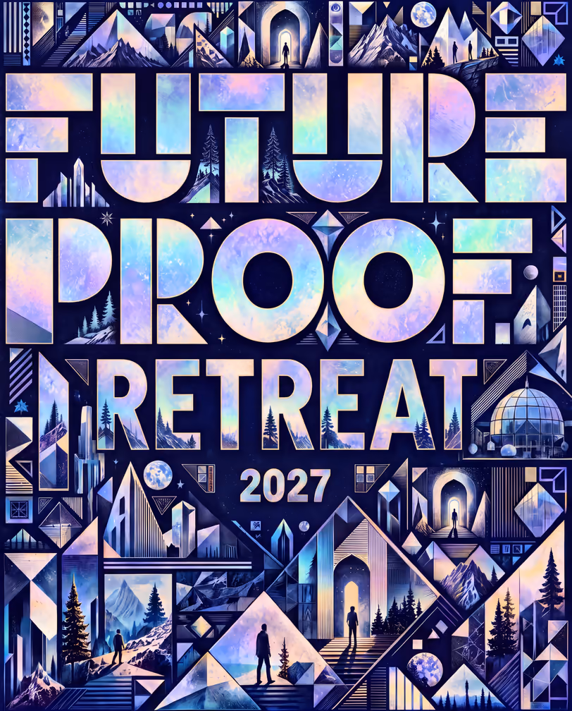 Prismatic Futureproof Retreat 2027 lettering among engraved mountains, apertures and standing figures on indigo.