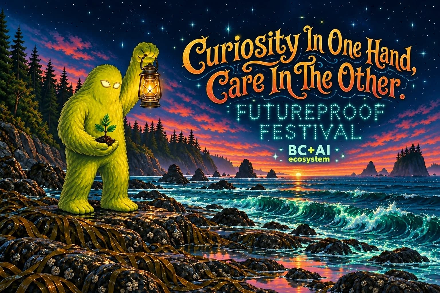 Squatchie holds a lantern and a seedling on a Pacific shore at sunset. Curiosity in one hand, care in the other. Futureproof Festival.