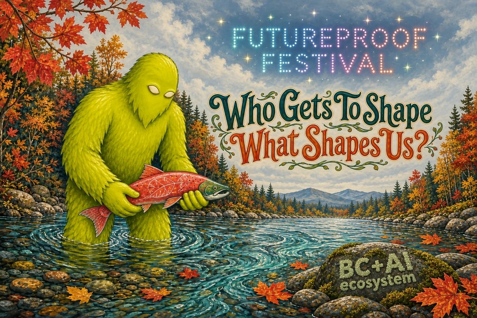 Squatchie holds a salmon in an autumn stream under the Futureproof Festival constellation. Who gets to shape what shapes us?