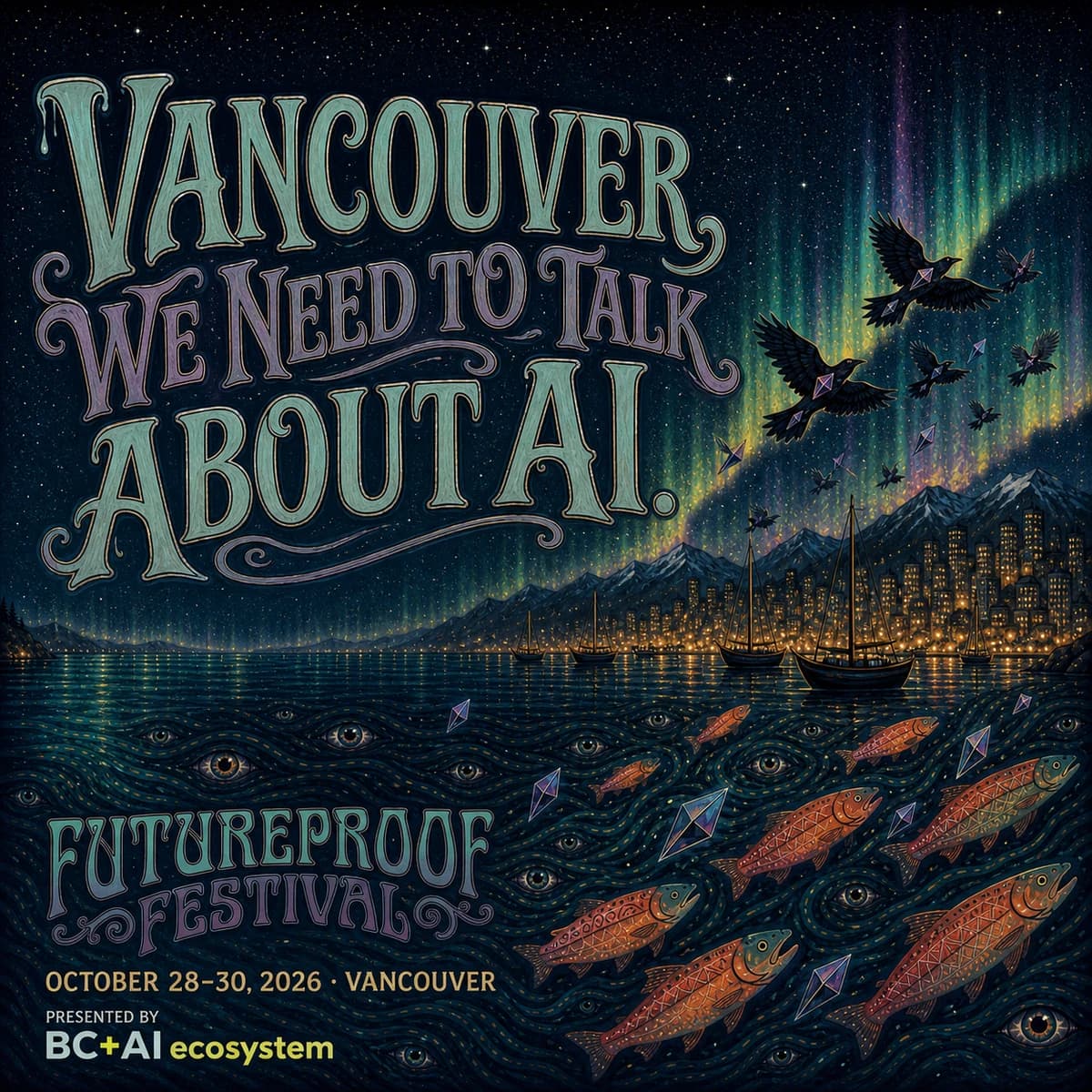 Hand-painted Futureproof Festival poster reading "Vancouver, We Need to Talk About AI" over the Vancouver harbour at night
