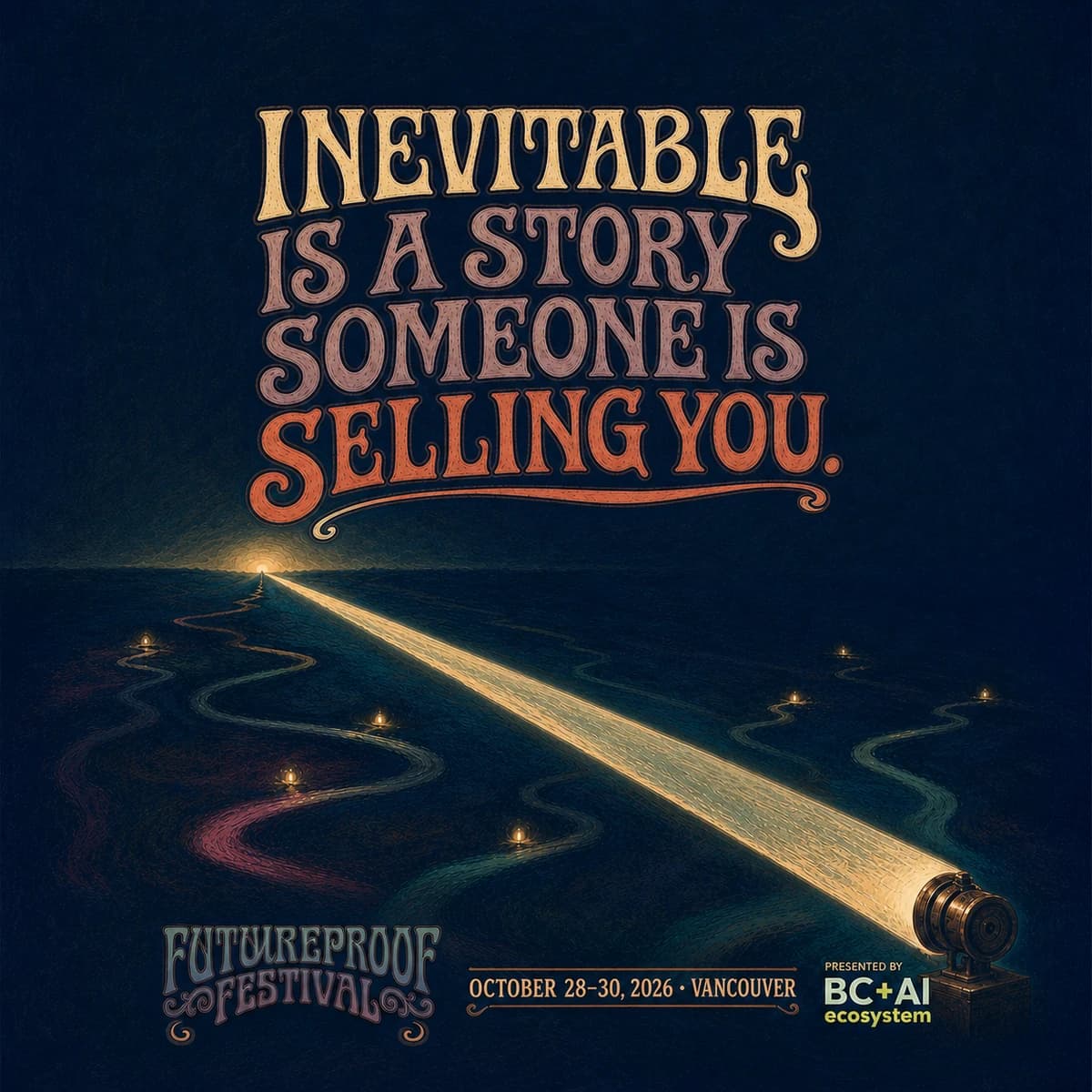 Hand-painted Futureproof Festival poster reading "Inevitable Is a Story Someone Is Selling You." over a projected horizon over dark water