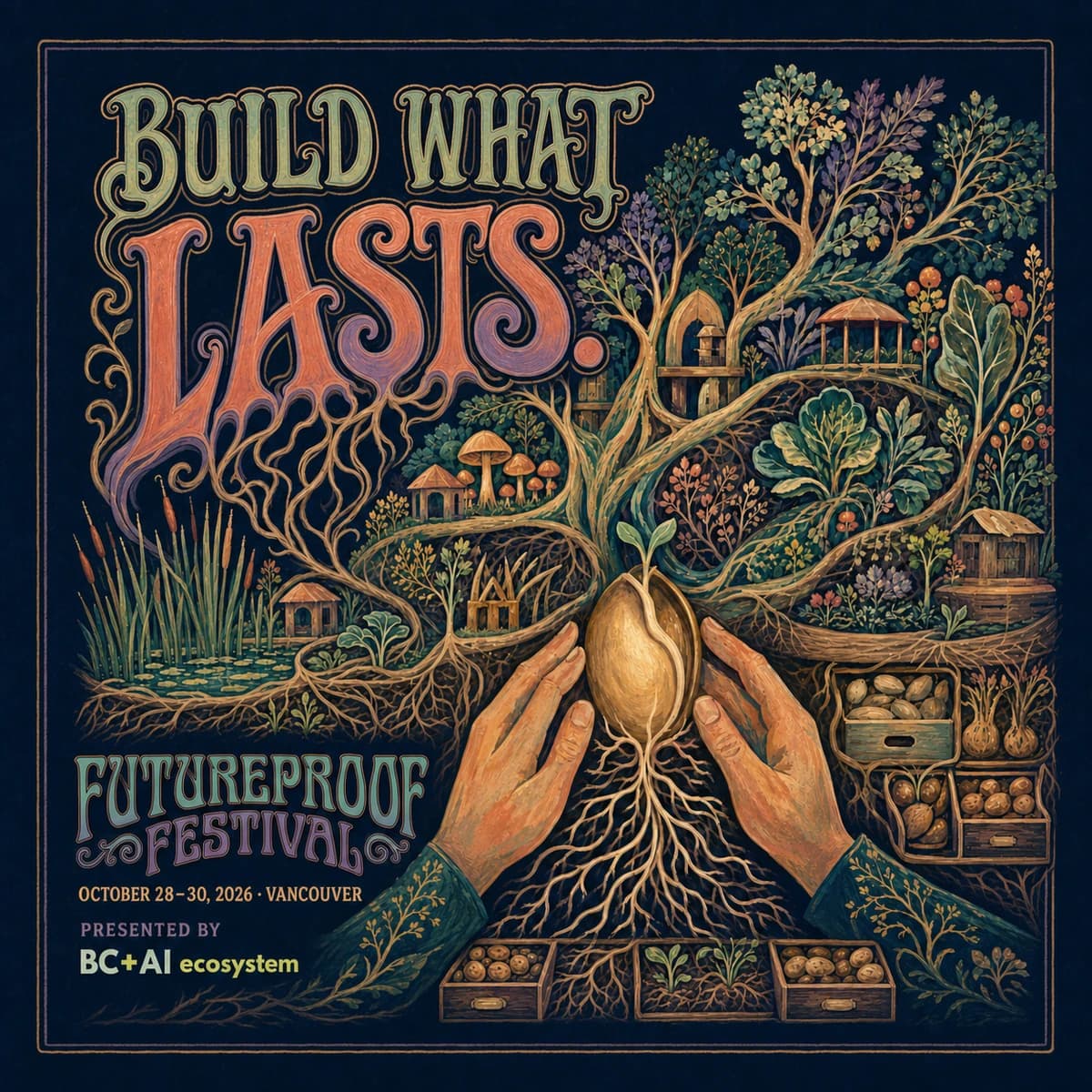 Hand-painted Futureproof Festival poster reading "Build What Lasts." over a living seed archive of growing forms