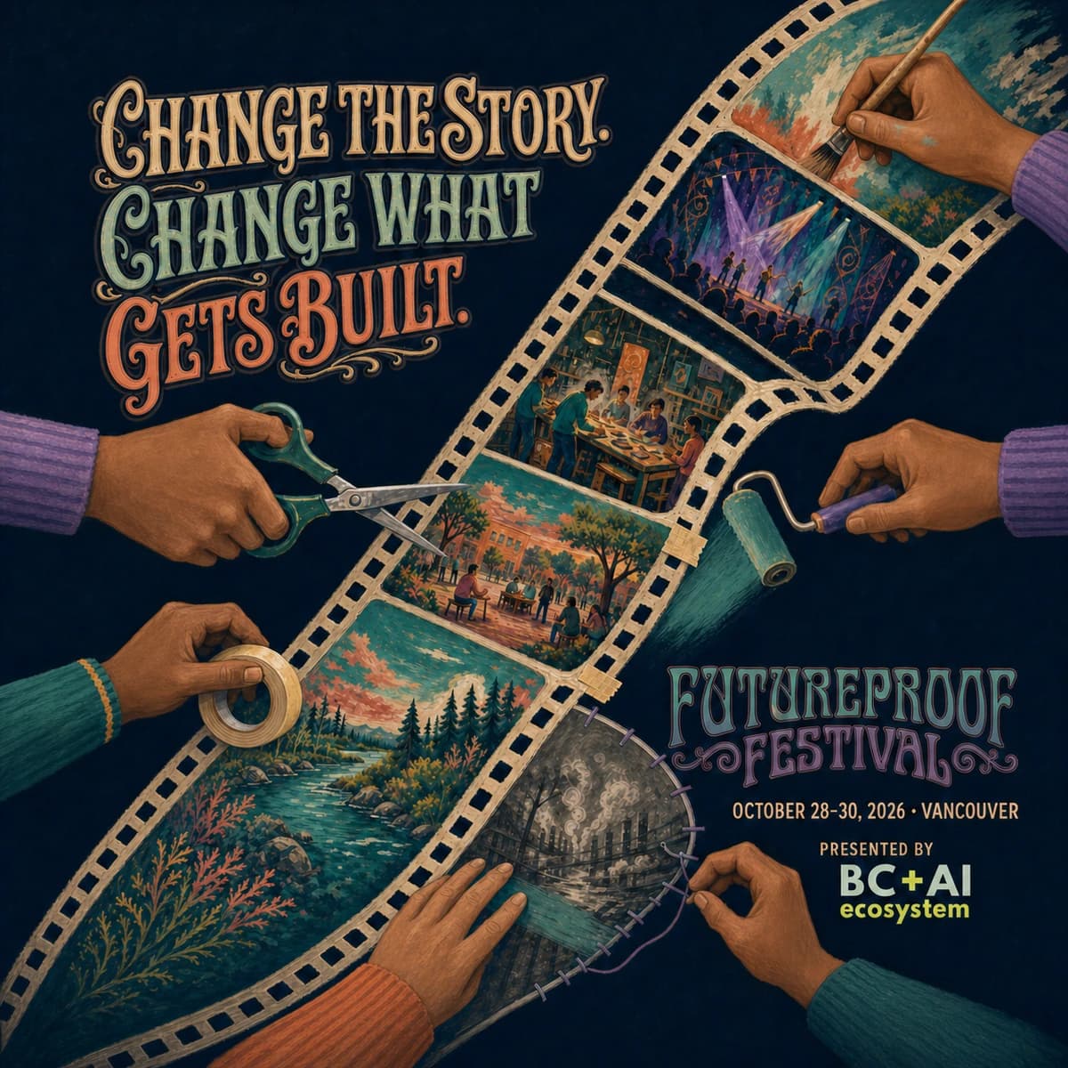 Hand-painted Futureproof Festival poster reading "Change the Story. Change What Gets Built." over a film strip mid-splice