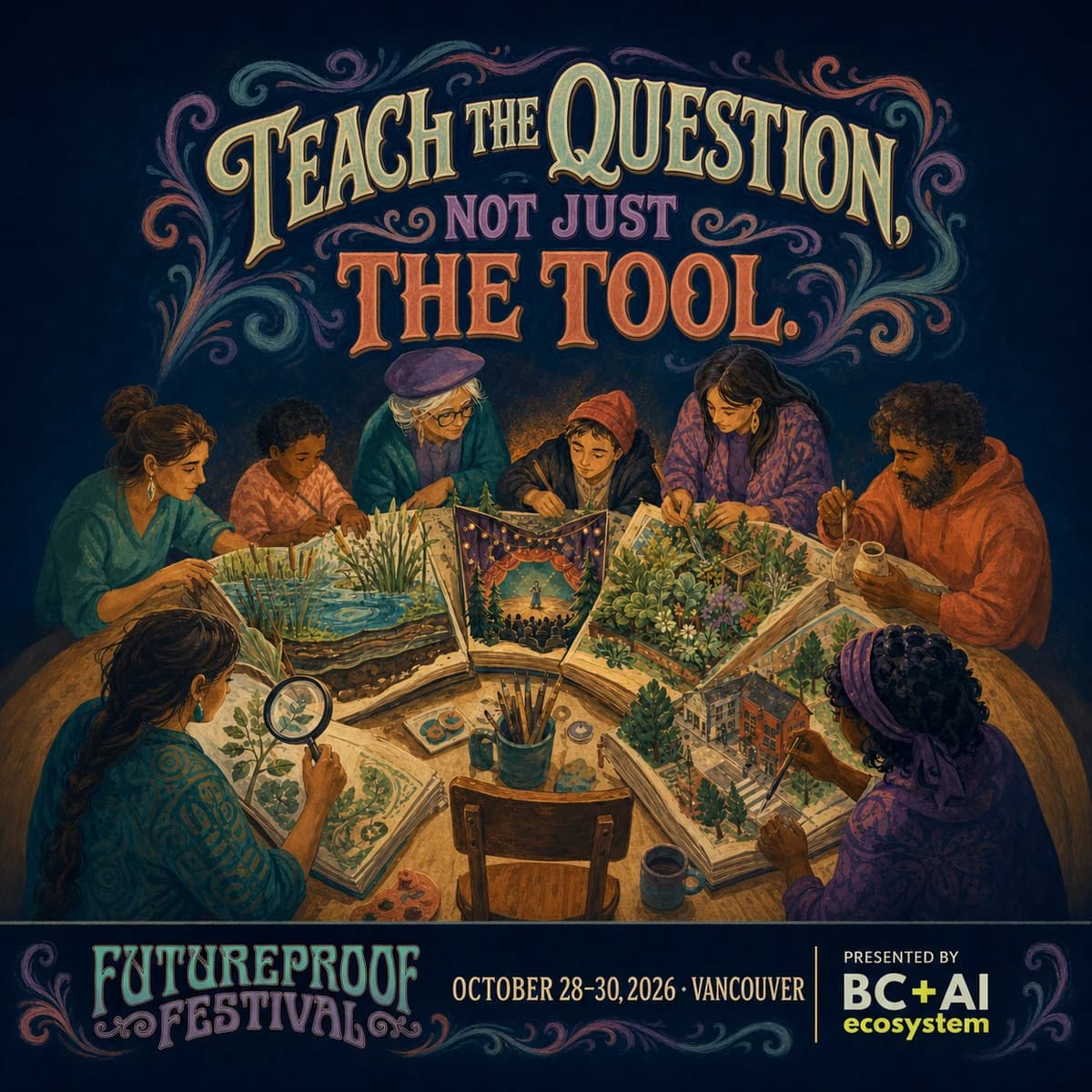 Hand-painted Futureproof Festival poster reading "Teach the Question, Not Just the Tool." over a shared learning table