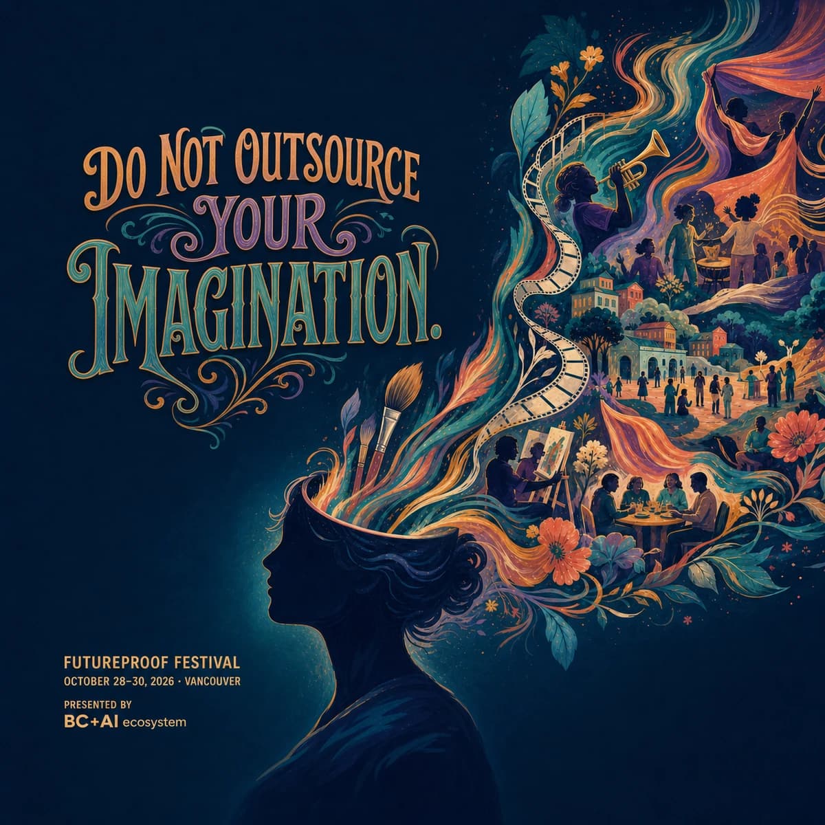 Hand-painted Futureproof Festival poster reading "Do Not Outsource Your Imagination." over painted flora blooming outward