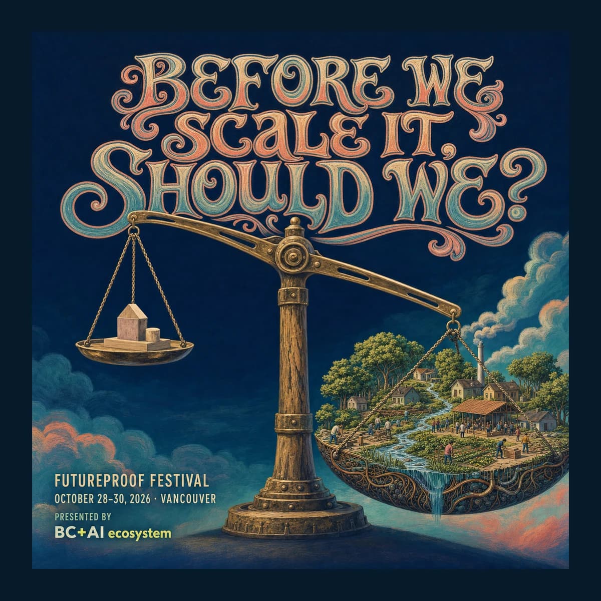 Hand-painted Futureproof Festival poster reading "Before We Scale It, Should We?" over a weighing scale of consequences under the night sky