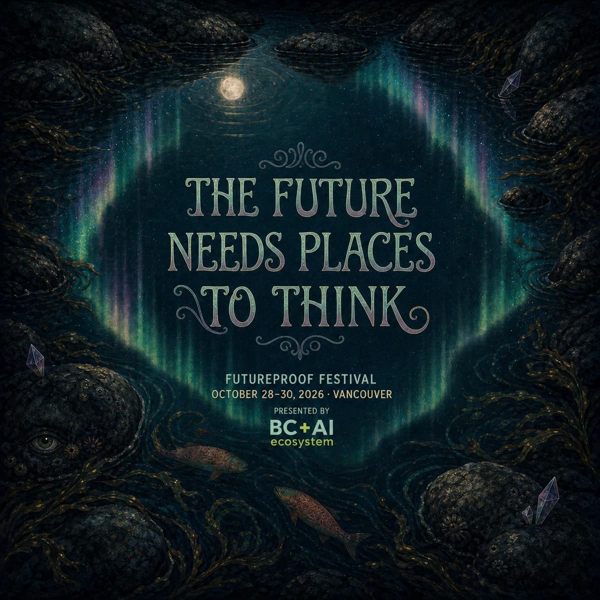 Hand-painted Futureproof Festival poster reading "The Future Needs Places to Think." over a quiet tidepool reflecting stars