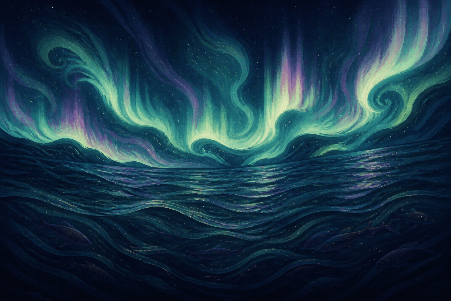 Aurora ribbons over a dark river, salmon shapes under the water.