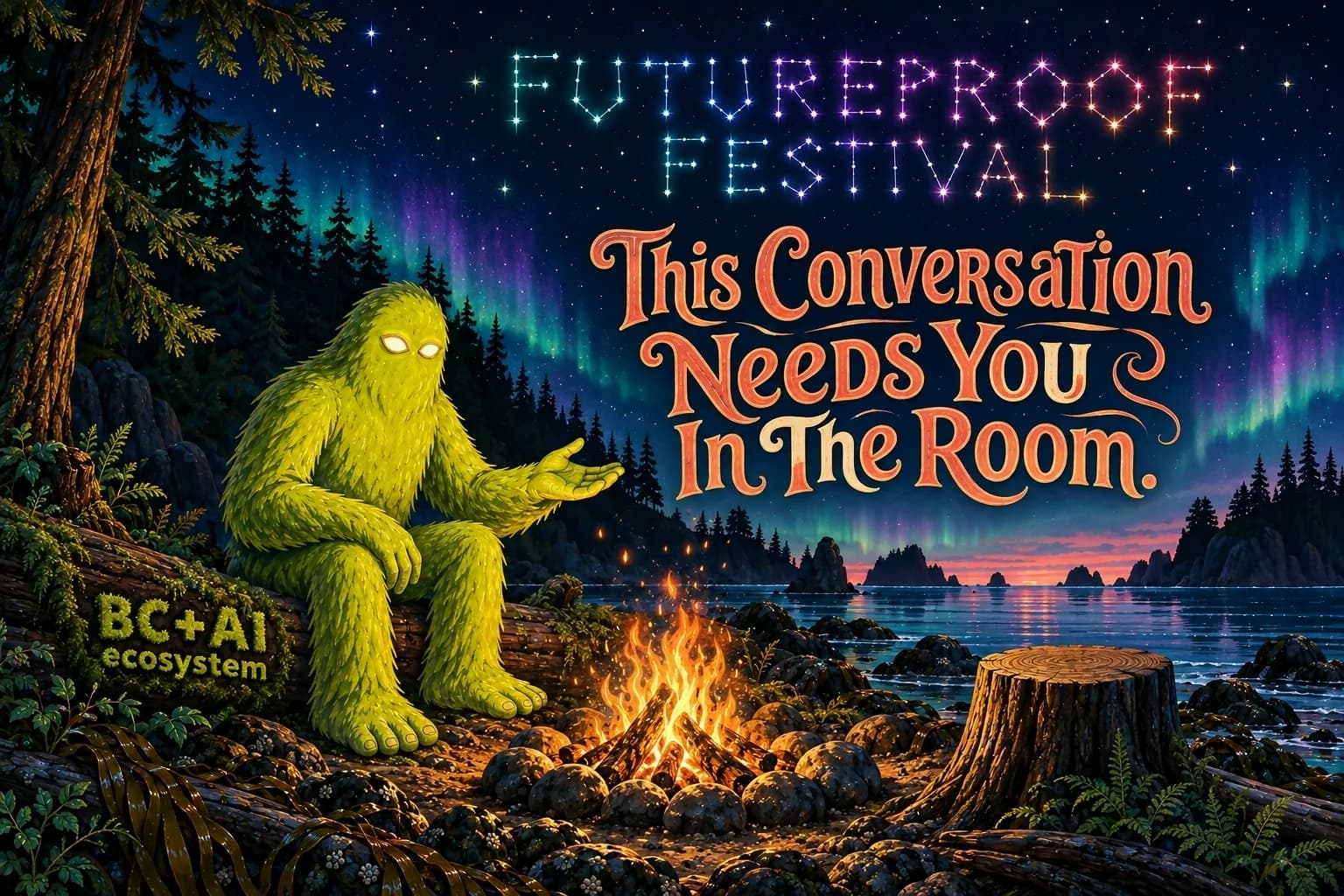 Hand-painted Futureproof Festival scene: Squatchie beside a campfire on a rocky inlet, an open hand toward the one empty seat, the line "This Conversation Needs You In The Room." lettered into the picture and the festival name drawn as a constellation in the sky