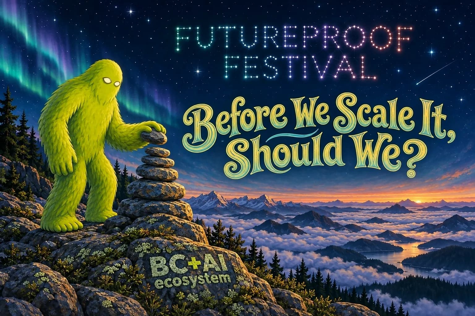 Hand-painted Futureproof Festival scene: Squatchie on a summit before dawn, one more stone held above a cairn, the line "Before We Scale It, Should We?" lettered into the picture and the festival name drawn as a constellation in the sky
