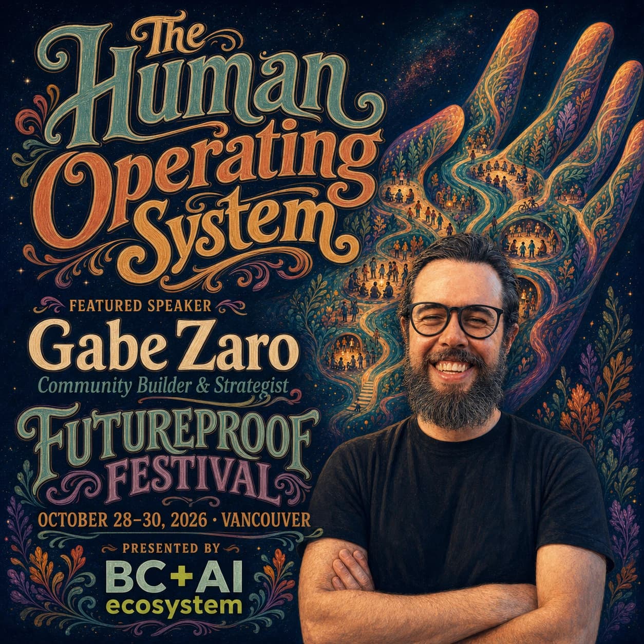 Illustrated Futureproof Festival featured speaker card for Zaro with a community gathering around a fire.