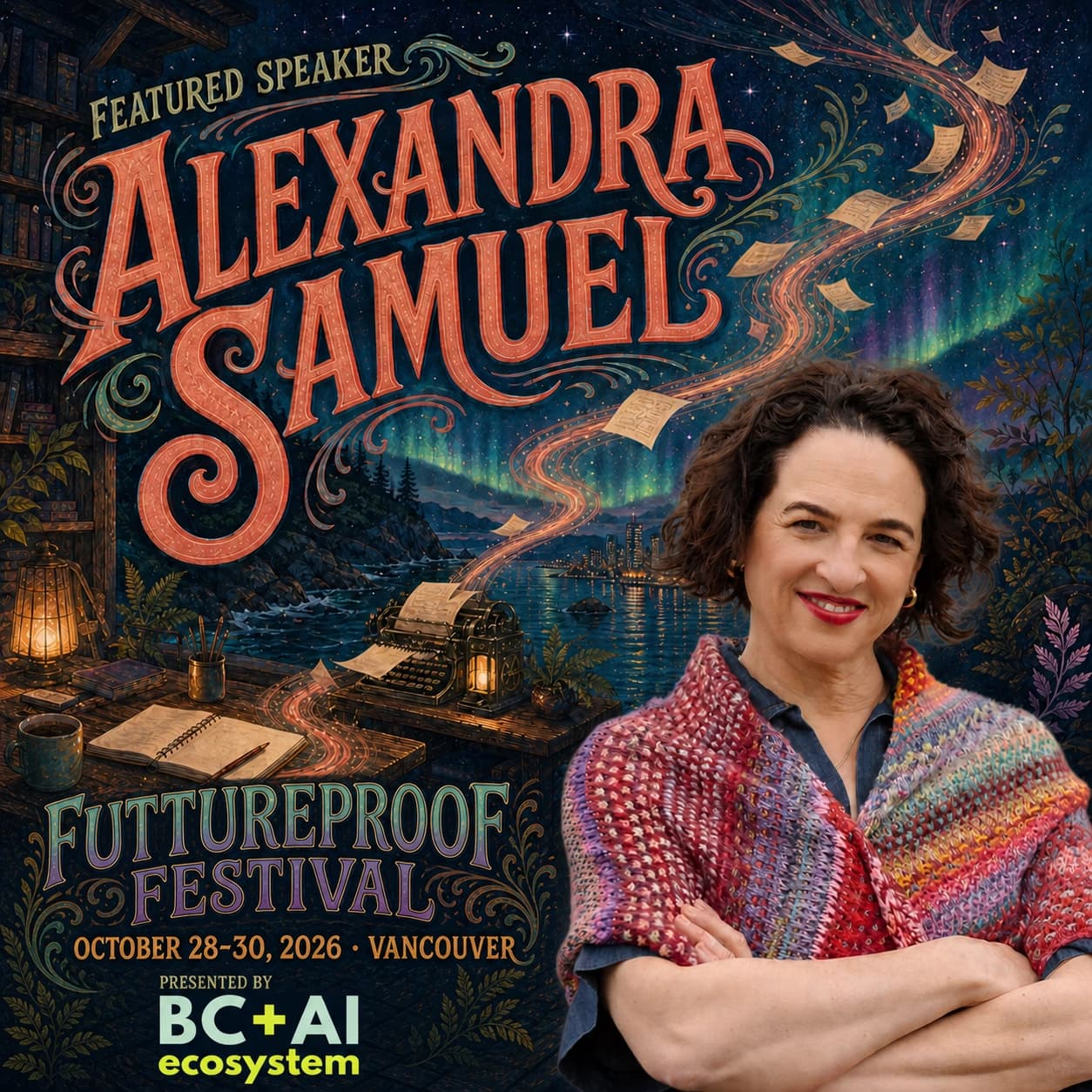 Illustrated Futureproof Festival featured speaker card for Alexandra Samuel beside a moonlit waterfront writing desk, with the official Futureproof Festival and BC + AI ecosystem marks.