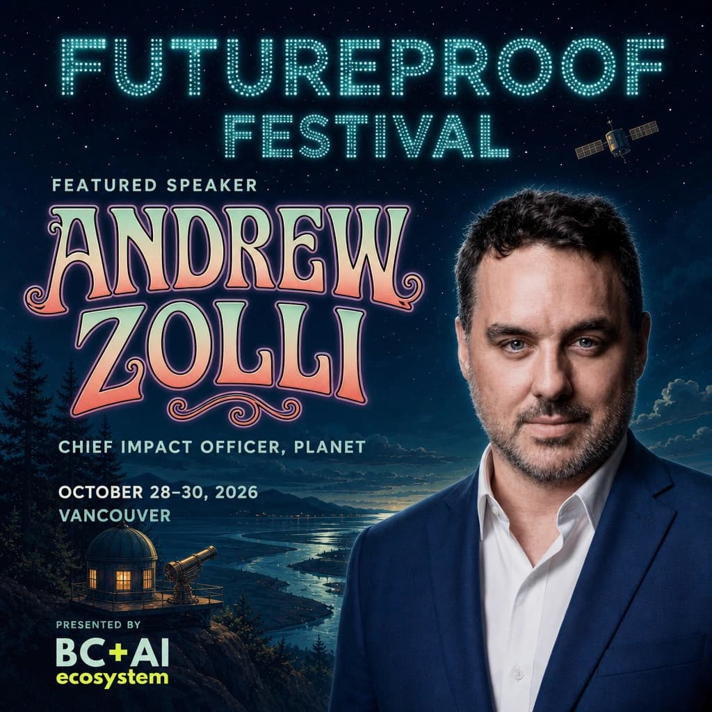 Futureproof Festival featured speaker artwork for Andrew Zolli of Planet, in a navy jacket and open white shirt on a clear night bluff where a small lit observatory with a brass telescope looks out over a starlit river valley, his name in retro festival lettering with a mint-to-coral gradient, the festival wordmark spelled out in constellation stars above, and the BC+AI ecosystem presenter mark.