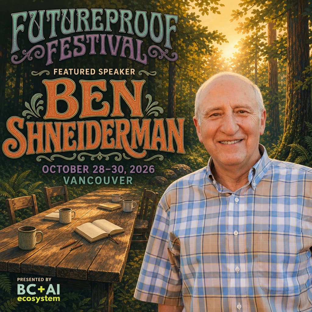 Futureproof Festival featured speaker square for Ben Shneiderman in a blue and tan plaid shirt beside a long plank table set with mugs and open notebooks in a golden-hour forest clearing, with the BC + AI ecosystem presenter mark.