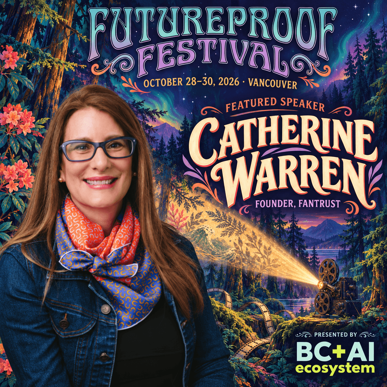 Futureproof Festival speaker artwork for Catherine Warren in front of a colourful cedar projection grove, with the drippy Futureproof identity, festival dates and the BC + AI presenter logo.