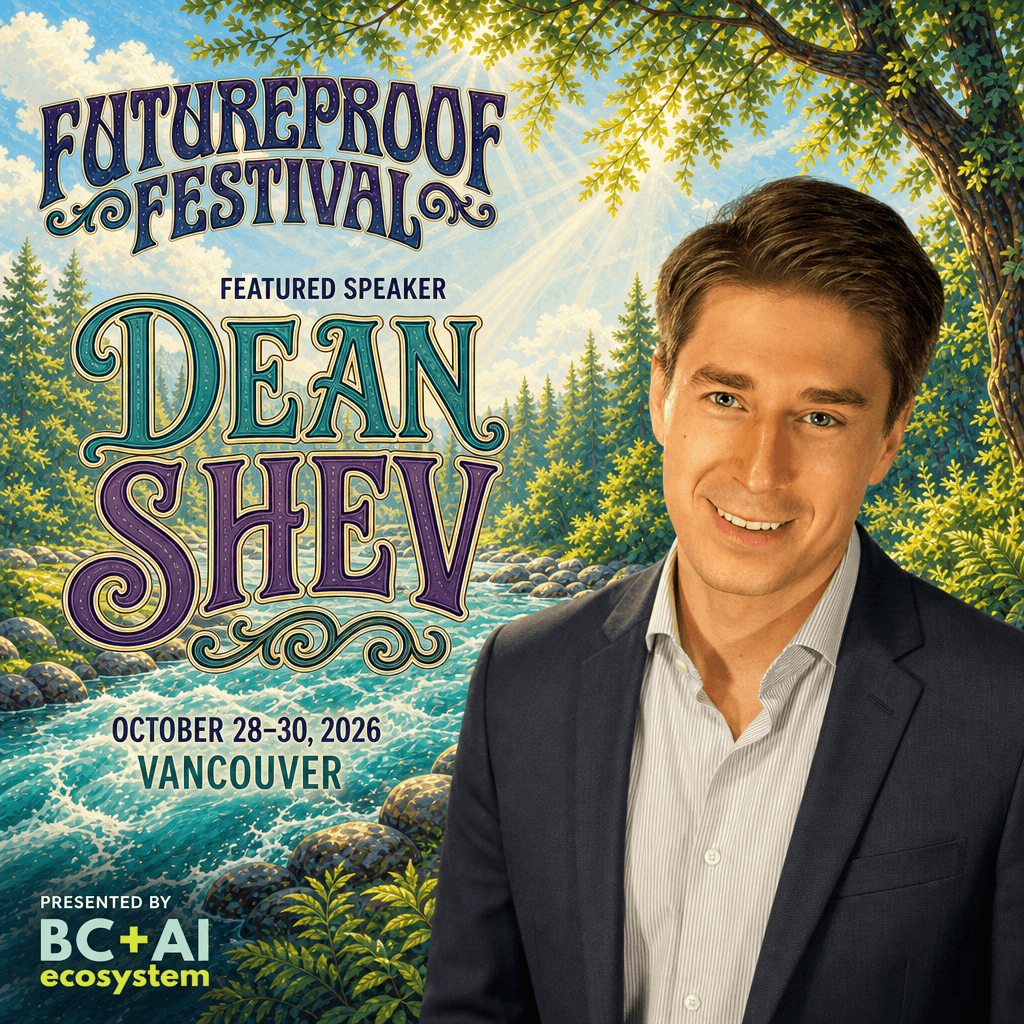 Futureproof Festival featured speaker square for Dean Shev beside a bright turquoise forest river under an open sunlit sky, with the BC + AI ecosystem presenter mark.