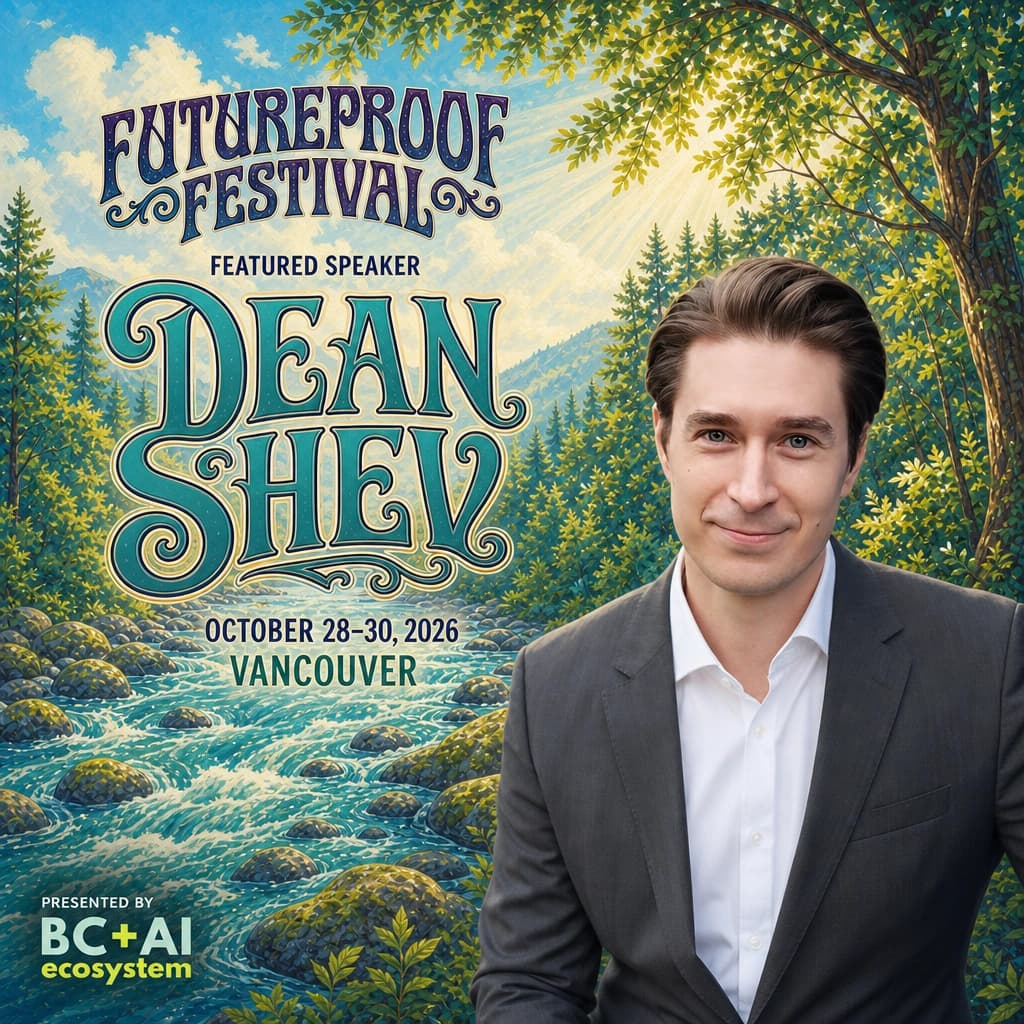Futureproof Festival featured speaker square for Dean Shev in a charcoal jacket and open-collar white shirt beside a bright turquoise river braiding over mossy rocks through a sunlit forest, with the BC + AI ecosystem presenter mark.