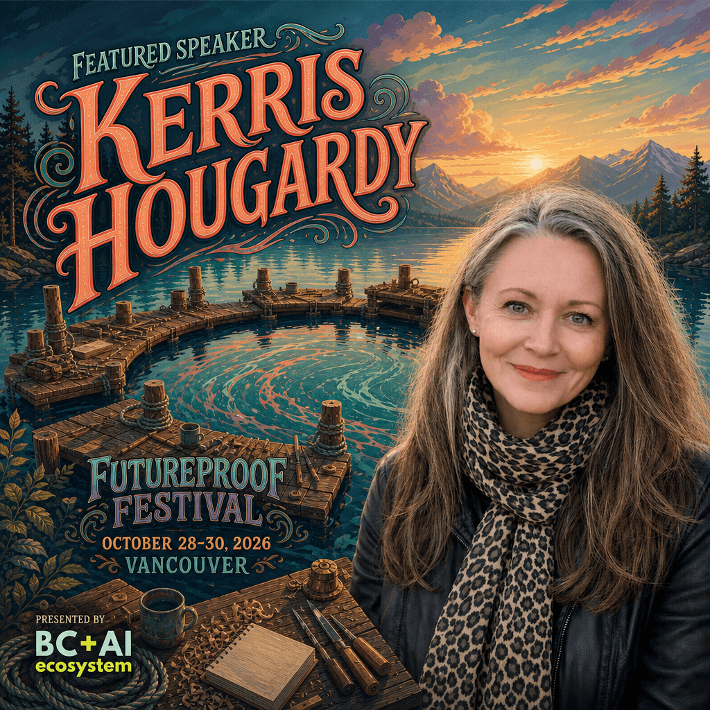 Futureproof Festival featured speaker square for Kerris Hougardy beside cedar work platforms floating on a sunrise inlet around a turning basin of coral and seafoam currents, with the BC + AI ecosystem presenter mark.