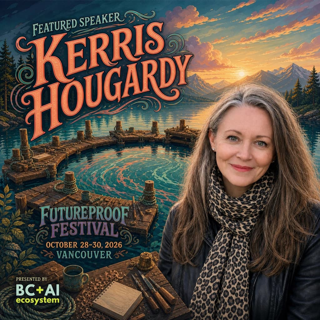 Futureproof Festival featured speaker square for Kerris Hougardy beside cedar work platforms floating on a sunrise inlet around a turning basin of coral and seafoam currents, with the BC + AI ecosystem presenter mark.