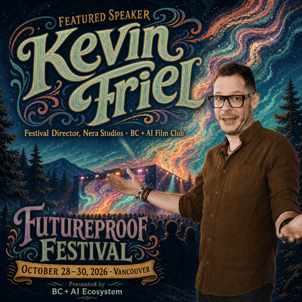 Illustrated Futureproof Festival featured speaker card for Kevin Friel with a painted generative light show flowing over a midnight festival crowd.