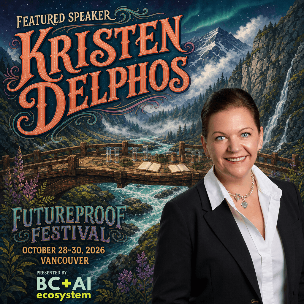 Futureproof Festival featured speaker square for Kristen Delphos beside a cedar bridge set with jars and open books over a braided turquoise river below misty peaks, with the BC + AI ecosystem presenter mark.