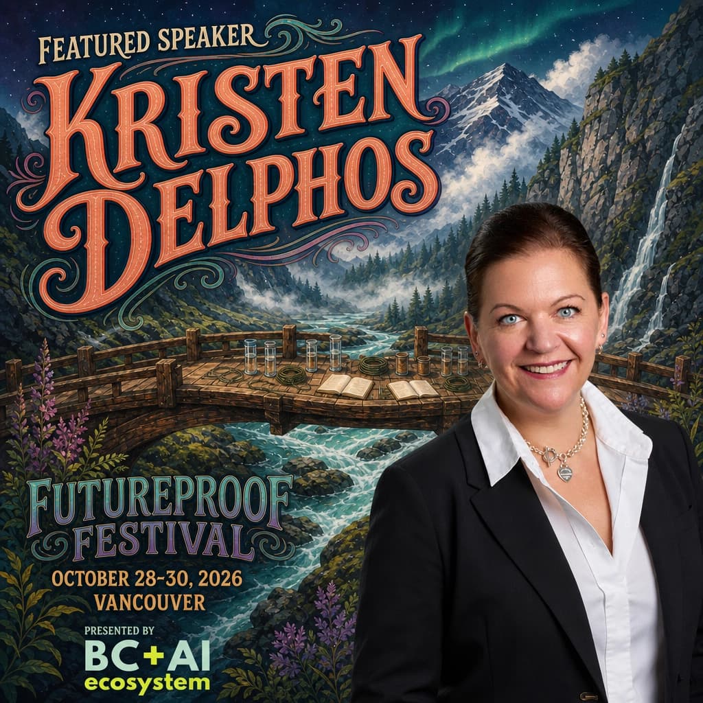 Futureproof Festival featured speaker square for Kristen Delphos beside a cedar bridge set with jars and open books over a braided turquoise river below misty peaks, with the BC + AI ecosystem presenter mark.