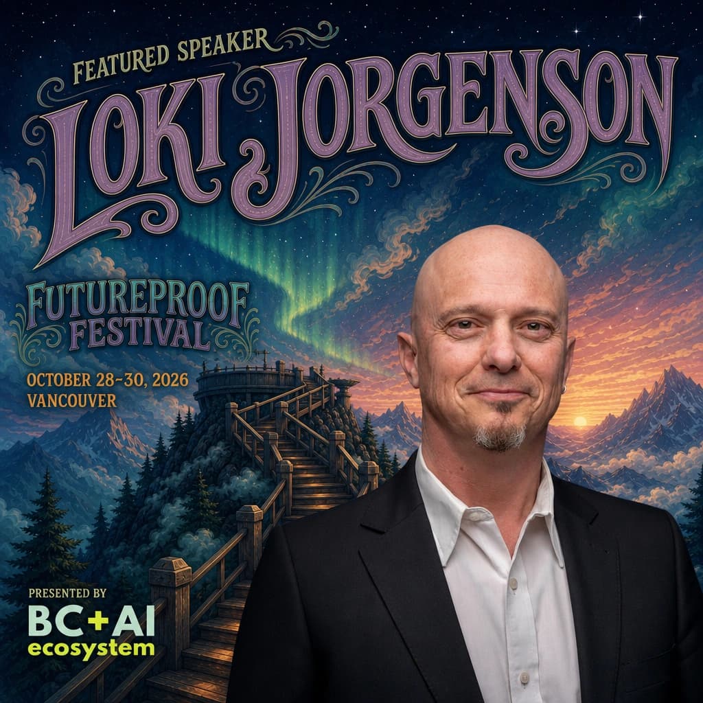 Futureproof Festival featured speaker square for Loki Jorgenson beside a cedar switchback stair climbing to a roofless observatory under aurora and dawn, with the BC + AI ecosystem presenter mark.