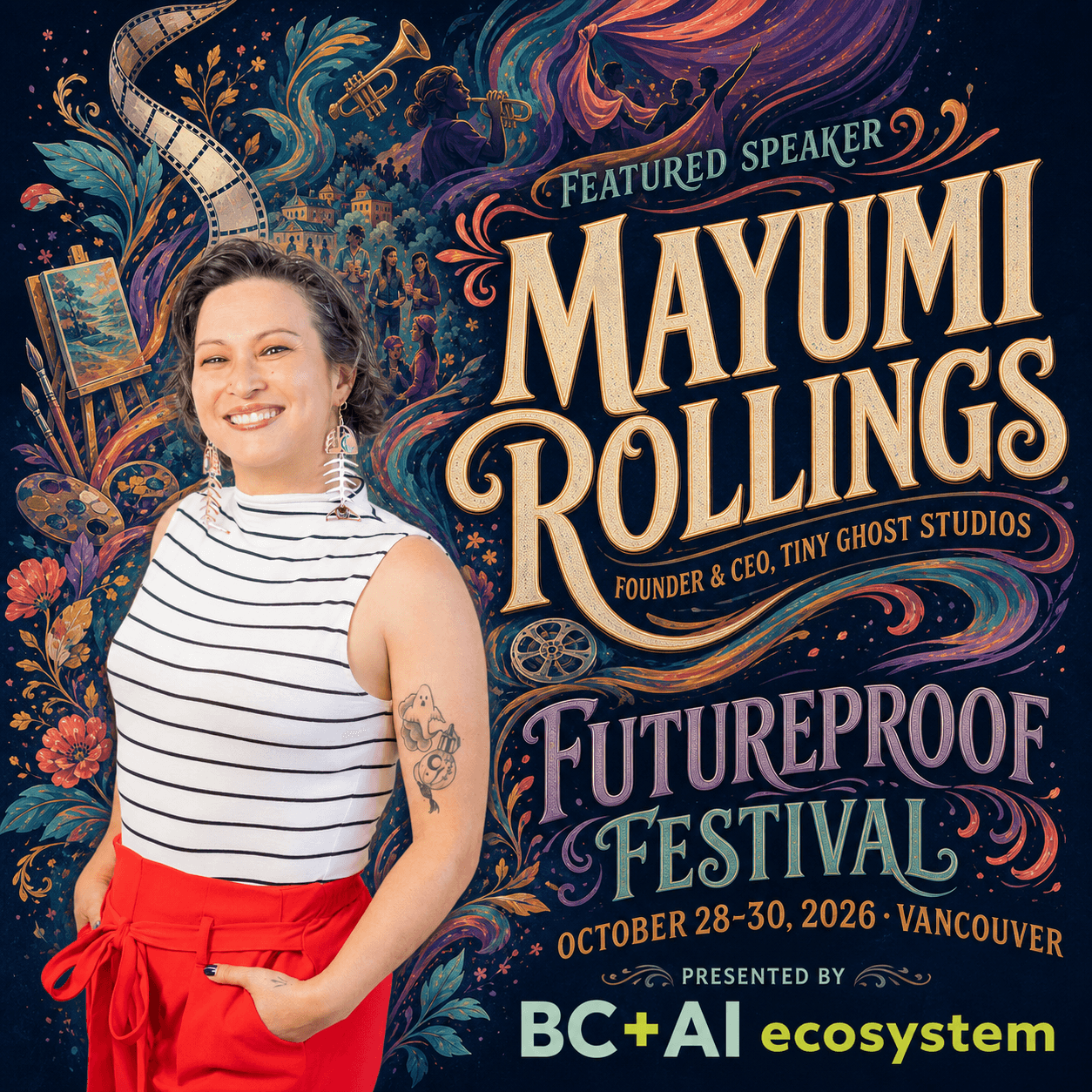 Illustrated Futureproof Festival featured speaker card for Mayumi Rollings with film, painting, music, and community imagery.