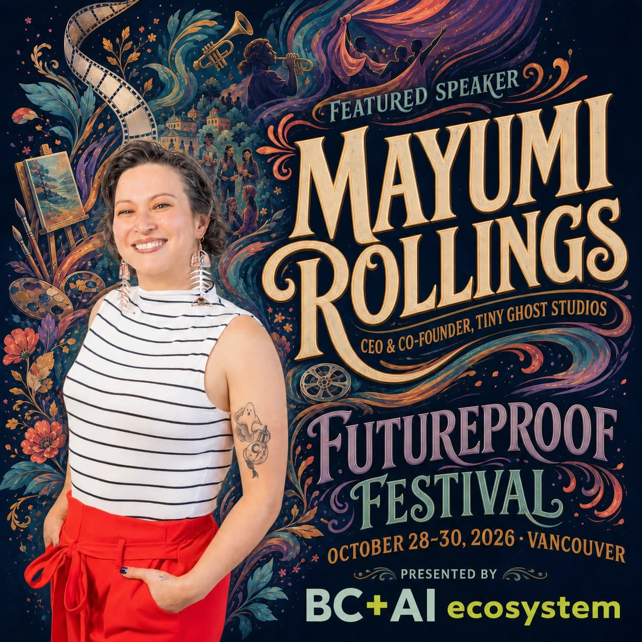 Illustrated Futureproof Festival featured speaker card for Mayumi Rollings with film, painting, music, and community imagery.