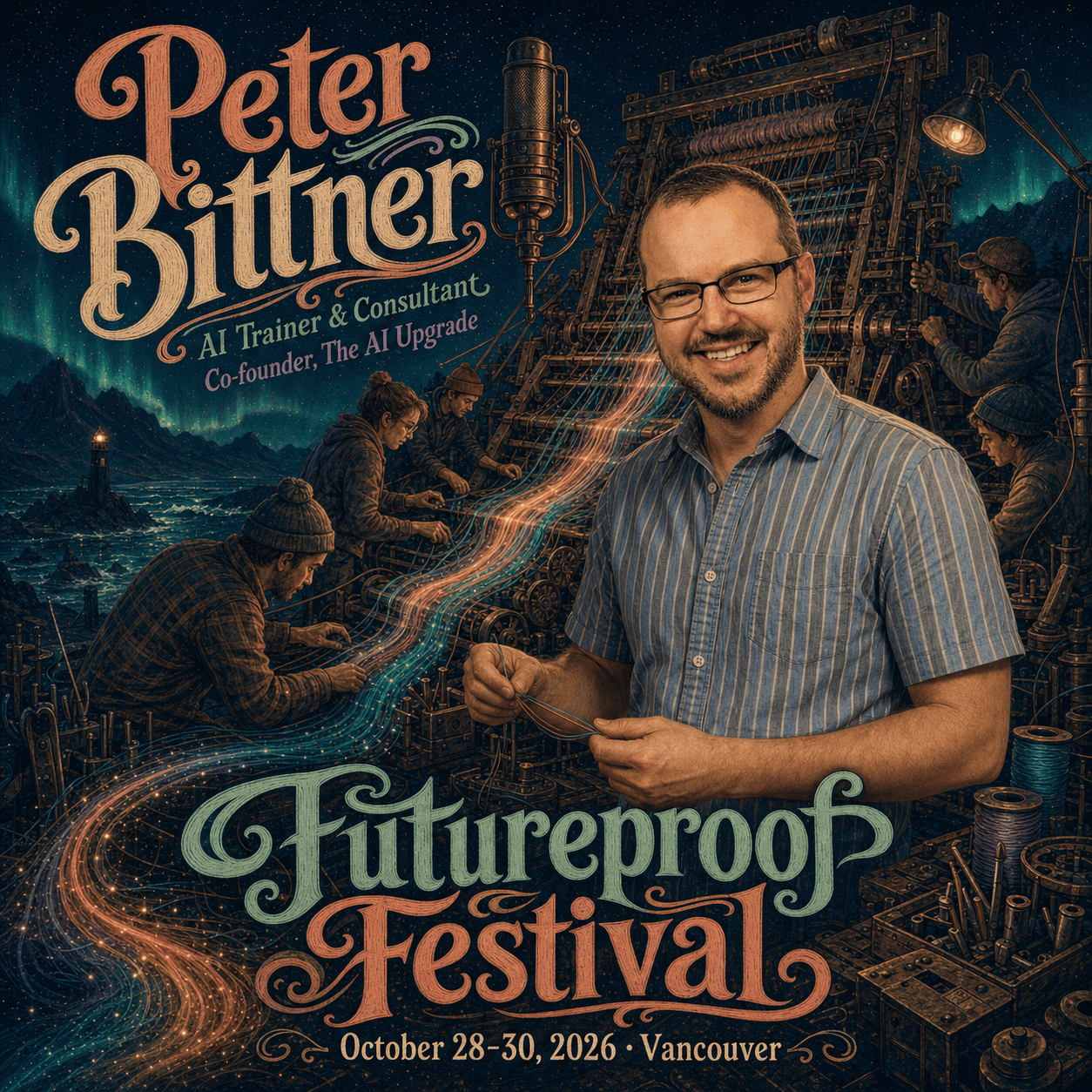 Illustrated Futureproof Festival featured speaker card for Peter Bittner beside a hand-built signal loom turning many colored threads into one luminous current.