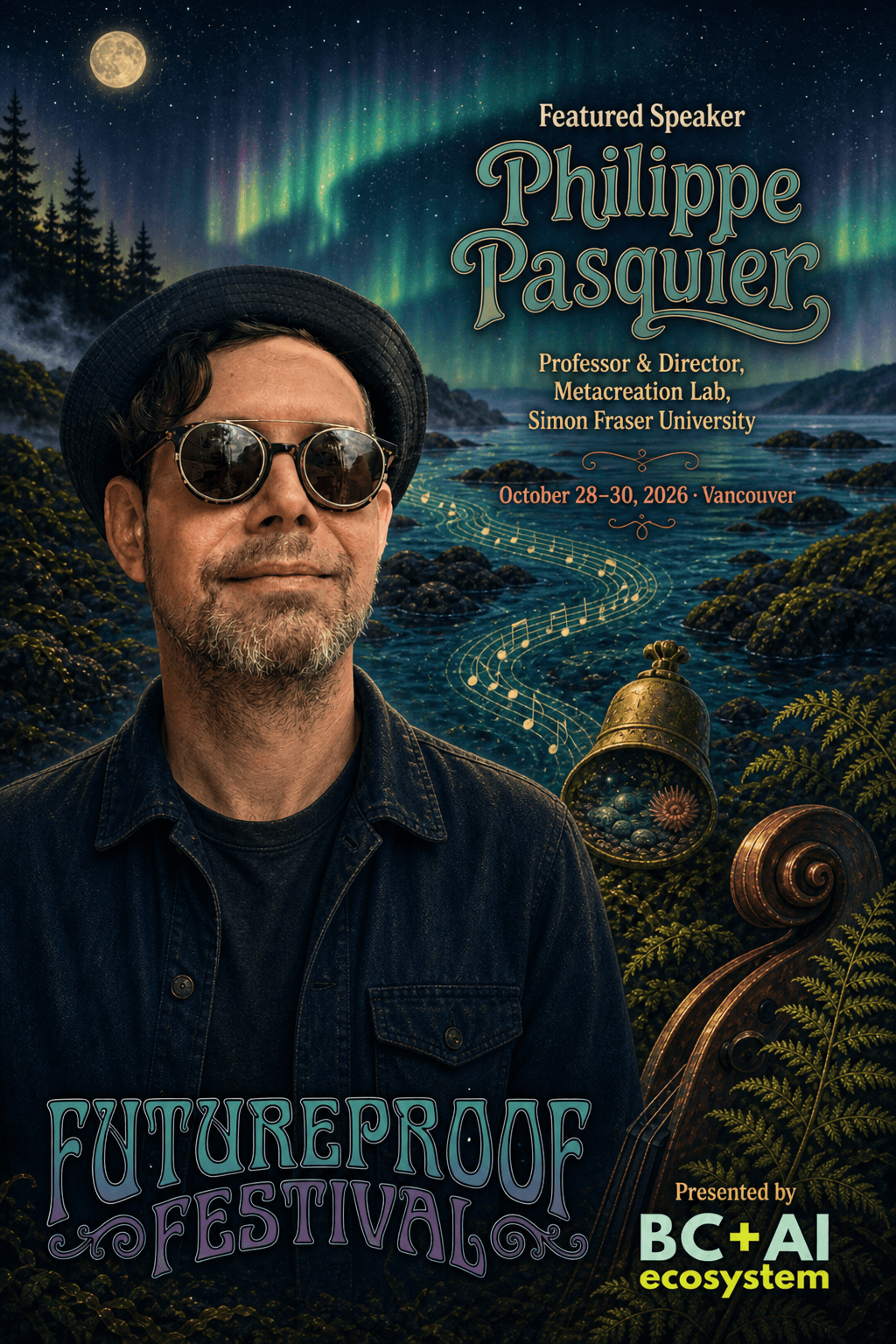 Illustrated Futureproof Festival featured speaker card for Philippe Pasquier at an outdoor night tide-pool with a musical-notation current, a tide-pool bell, and a cello-scroll fern.