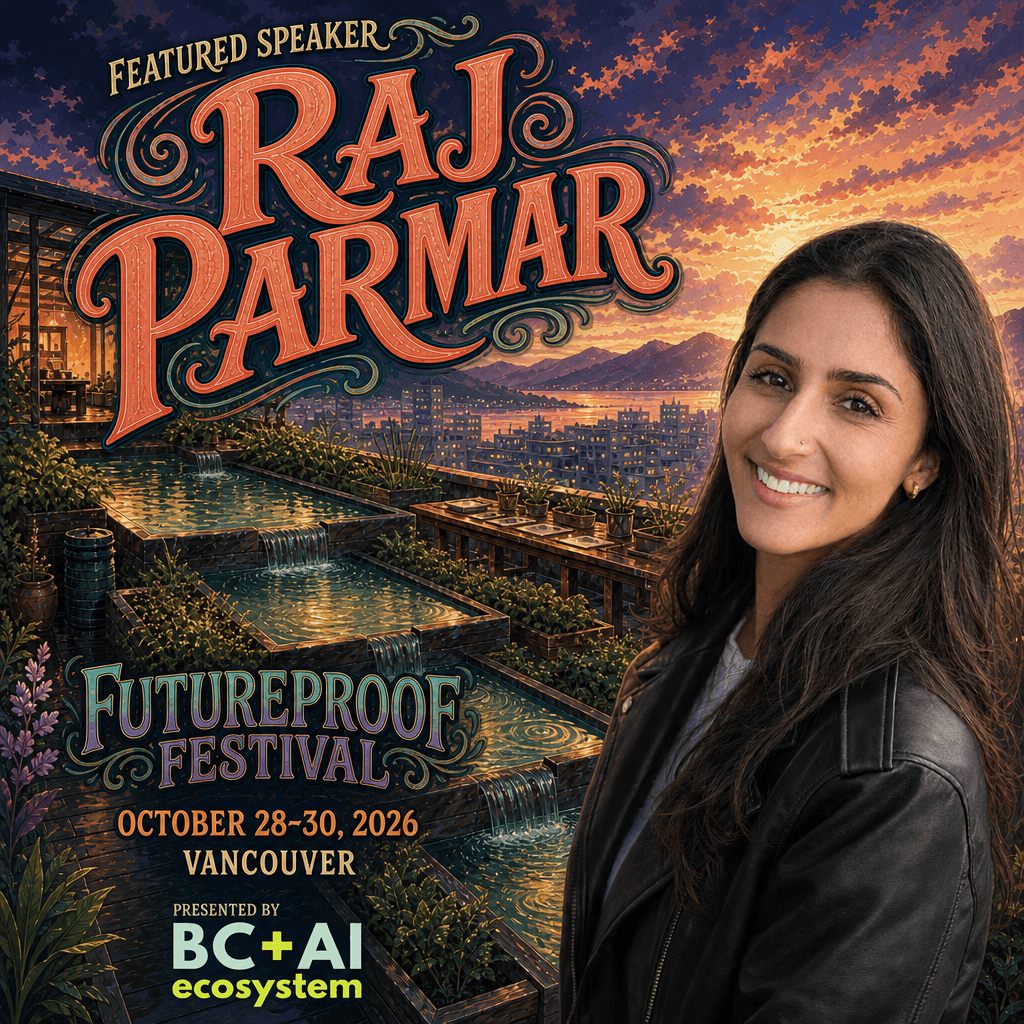 Futureproof Festival featured speaker square for Raj Parmar beside a rooftop rainwater commons of planted terraces and collection channels above the city, with the BC + AI ecosystem presenter mark.