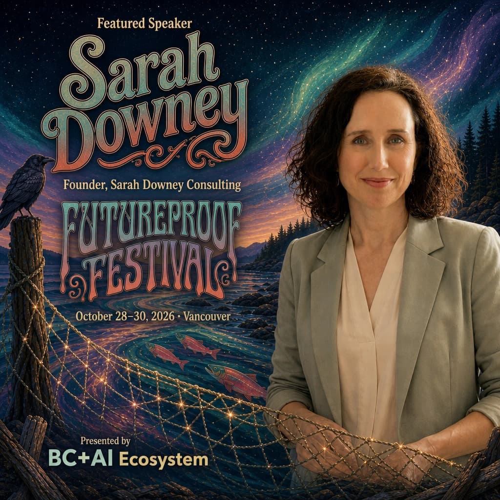 Illustrated Futureproof Festival featured speaker card for Sarah Downey mending a glowing net on a dusk shoreline with salmon, a raven, and aurora.