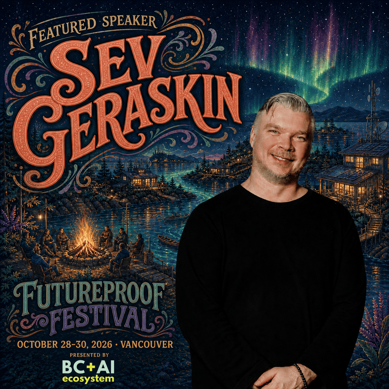 Illustrated Futureproof Festival featured speaker card for Sev Geraskin before an aurora-lit coastal neighbourhood, with the official Futureproof Festival and BC + AI ecosystem marks.