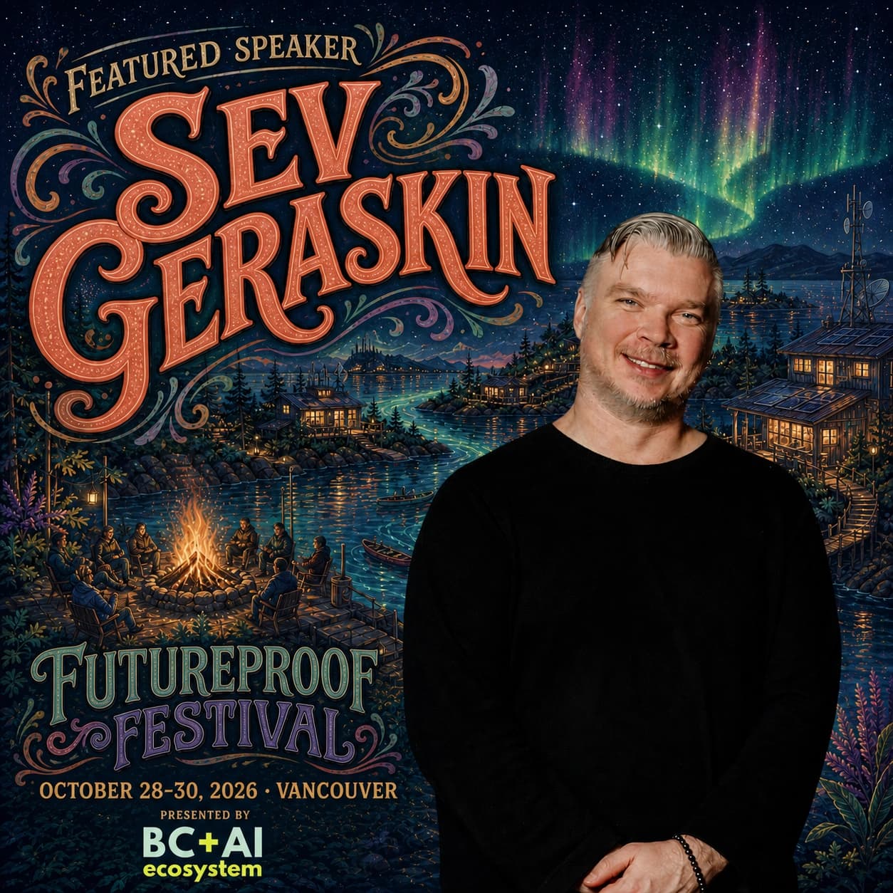 Illustrated Futureproof Festival featured speaker card for Sev Geraskin before an aurora-lit coastal neighbourhood, with the official Futureproof Festival and BC + AI ecosystem marks.
