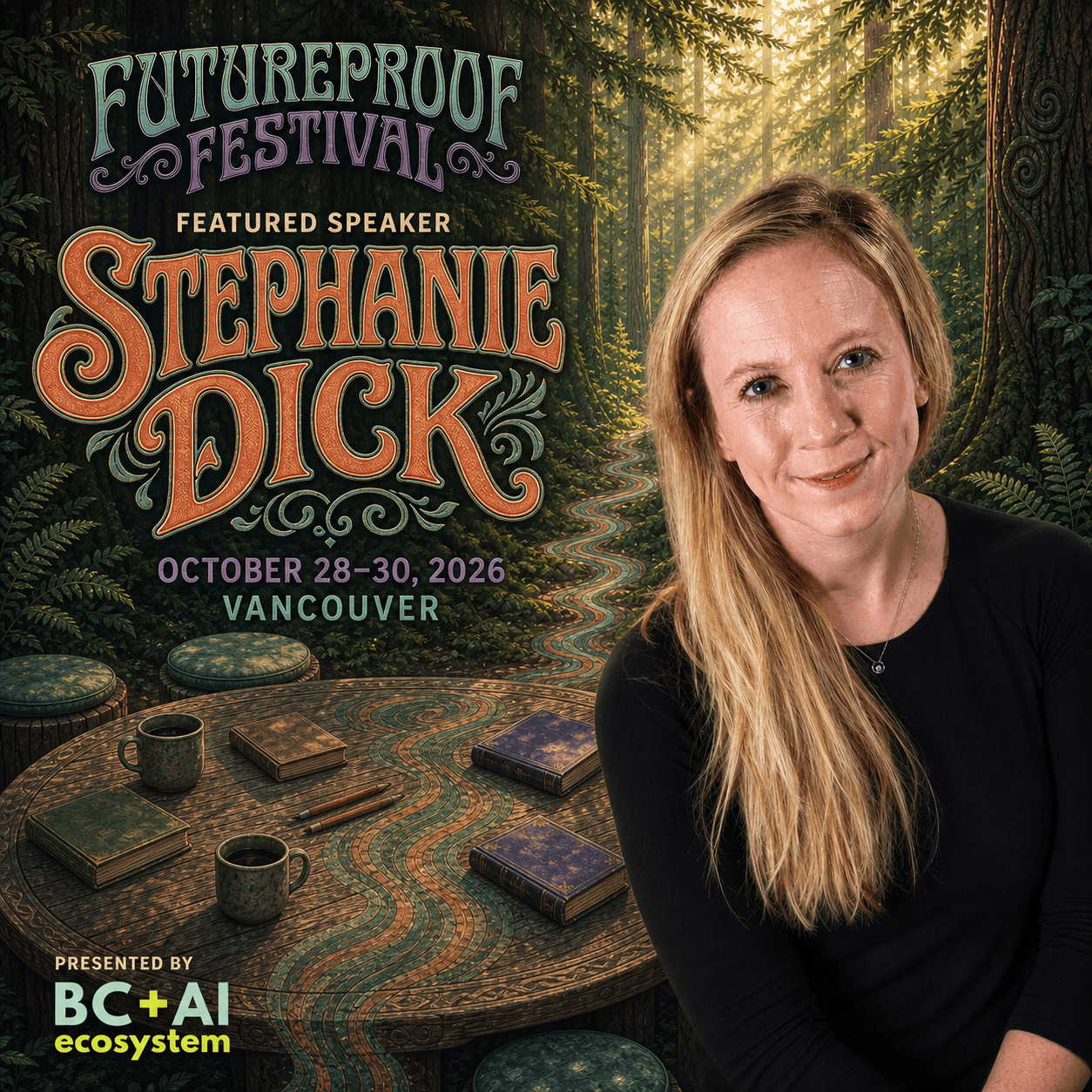 Illustrated Futureproof Festival featured speaker card for Stephanie Dick in a sunlit cedar forest beside a circular research table, with the BC+AI ecosystem presenter mark.