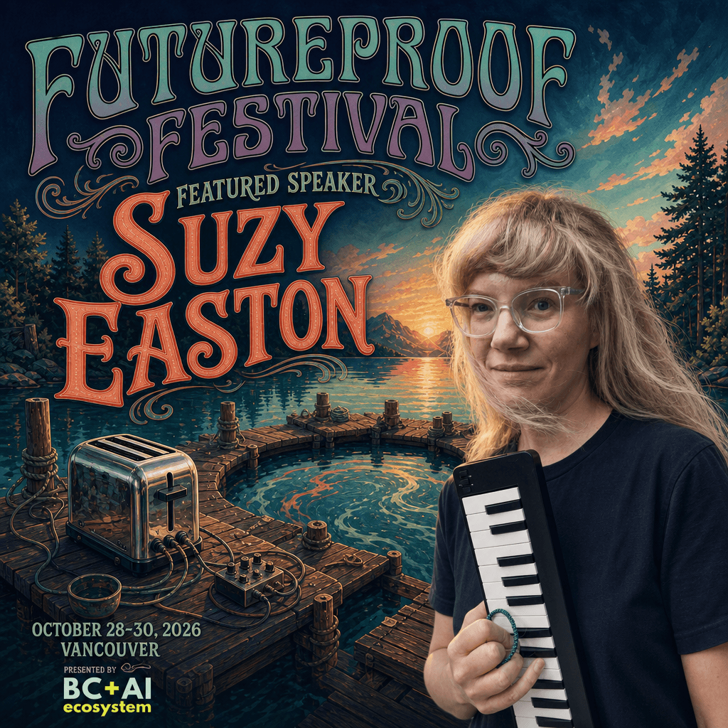 Futureproof Festival featured speaker square for Suzy Easton holding a small keyboard beside a chrome toaster wired through patch cables to a pedal on a floating cedar platform over a sunrise inlet, with the BC + AI ecosystem presenter mark.