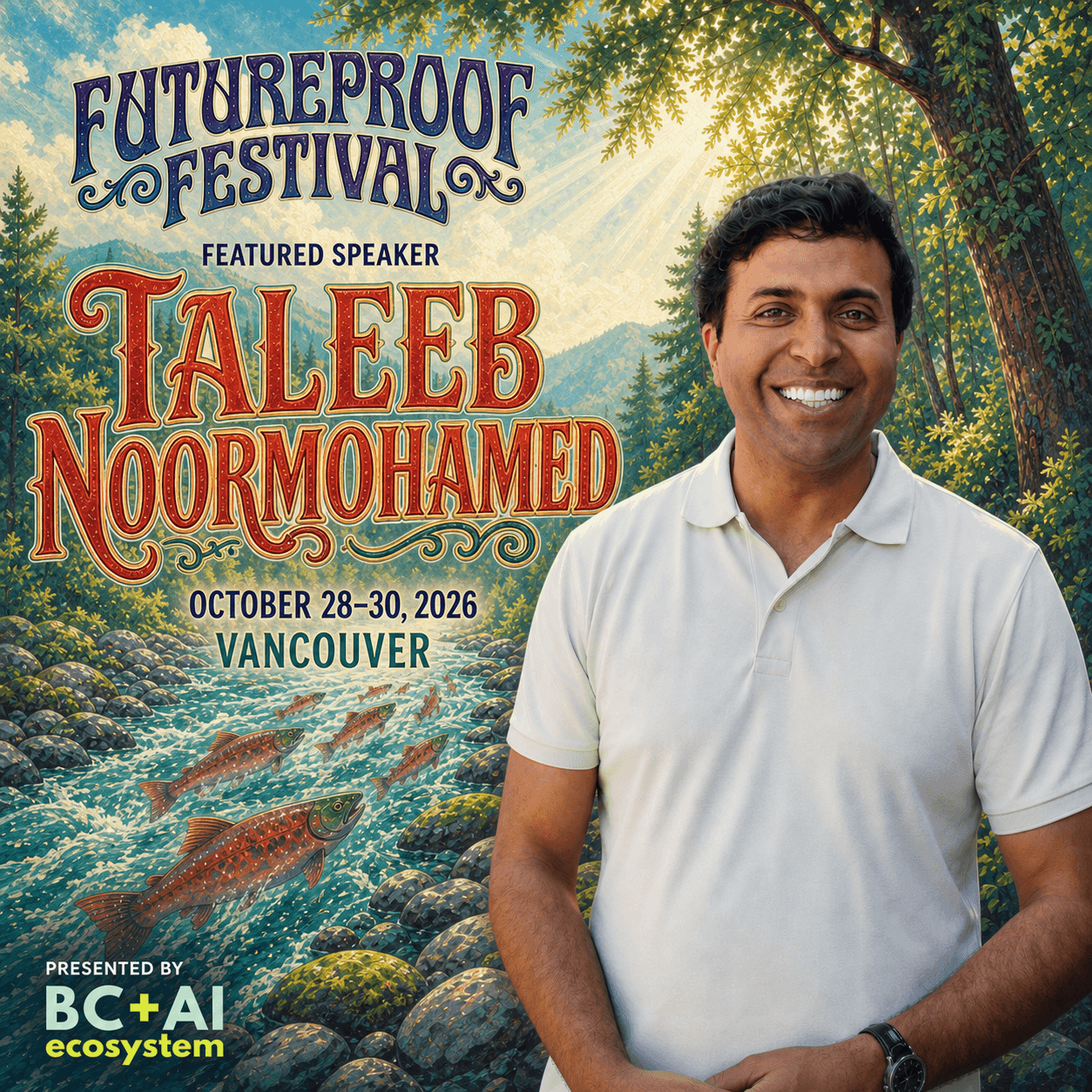 Illustrated Futureproof Festival featured speaker card for Taleeb Noormohamed beside a bright forest salmon river, with the BC+AI ecosystem presenter mark.