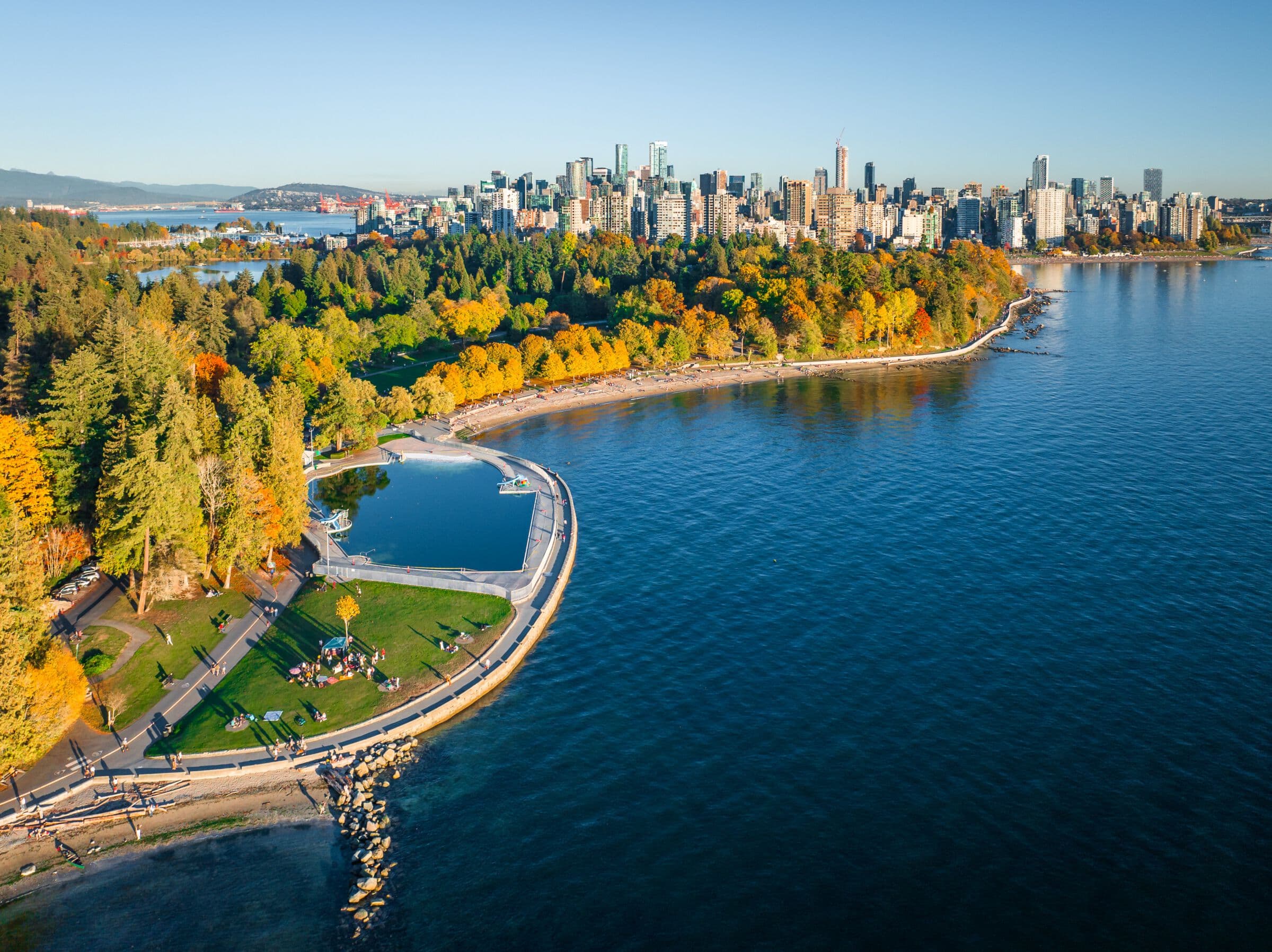 Aerial view over Second Beach and Stanley Park in fall