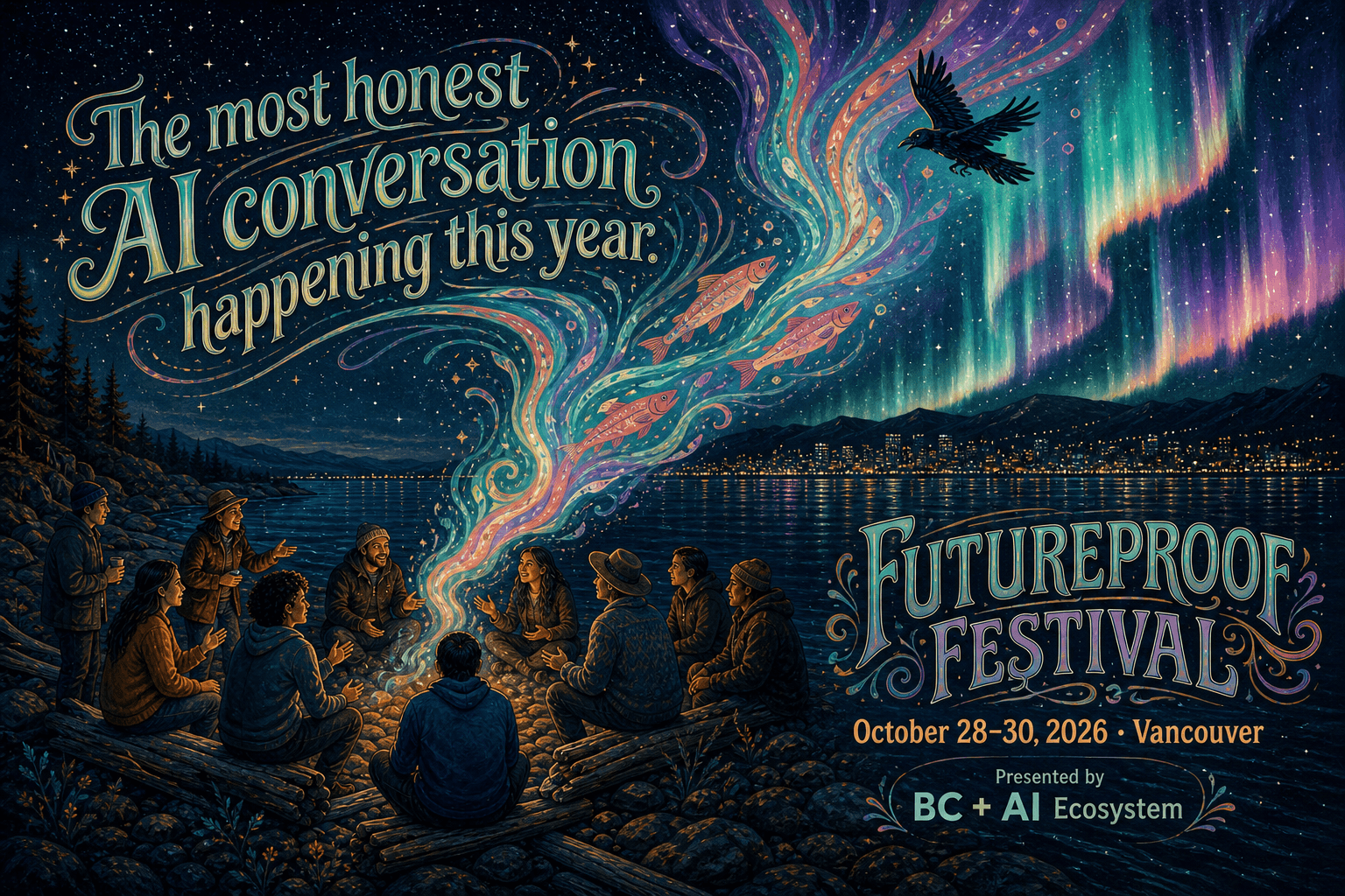 Hand-painted Futureproof poster with people around a shoreline fire beneath salmon, a raven, and aurora light