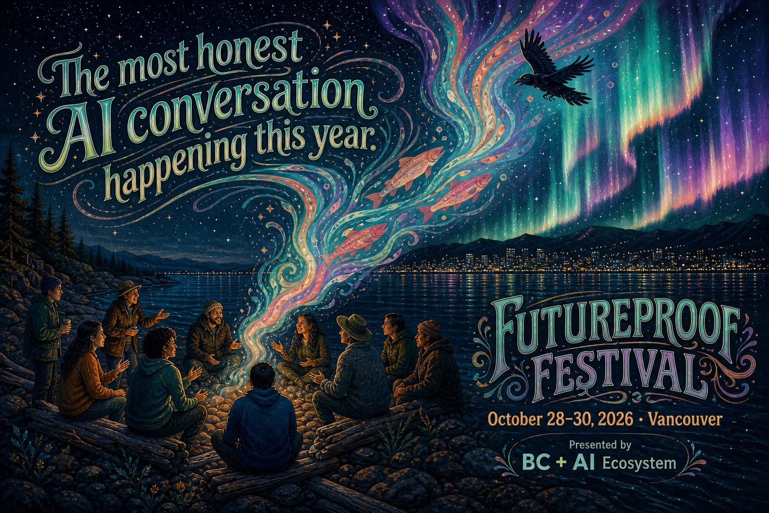 Hand-painted Futureproof poster with people around a shoreline fire beneath salmon, a raven, and aurora light