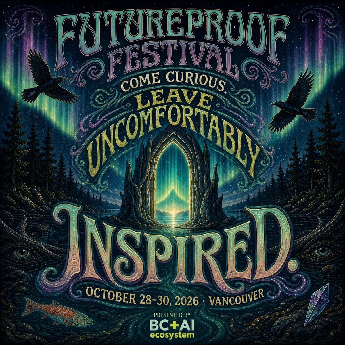 Hand-painted festival poster reading "Come Curious. Leave Uncomfortably Inspired." over an aurora-lit doorway