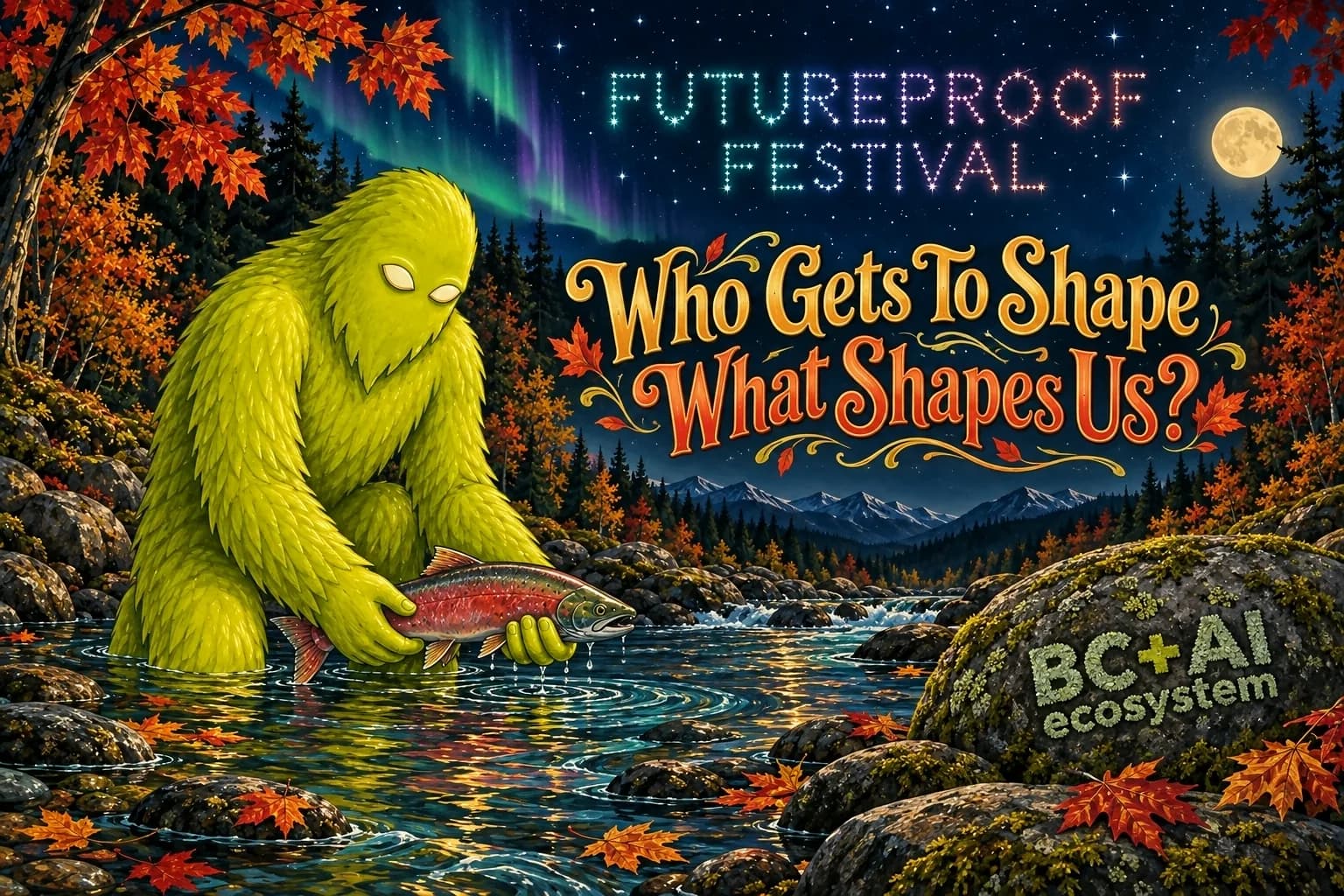 Hand-painted Futureproof Festival scene: Squatchie kneeling in an autumn spawning stream at night, a coho salmon held gently in both hands, the line "Who Gets To Shape What Shapes Us?" lettered into the picture and the festival name drawn as a constellation in the sky